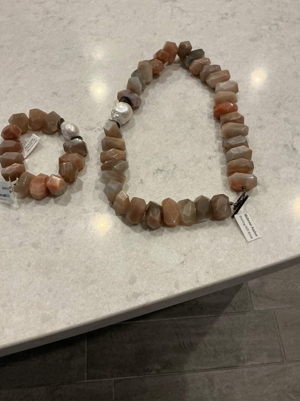 Handcrafted Peach Moonstone Bead Necklace and Bracelet Set